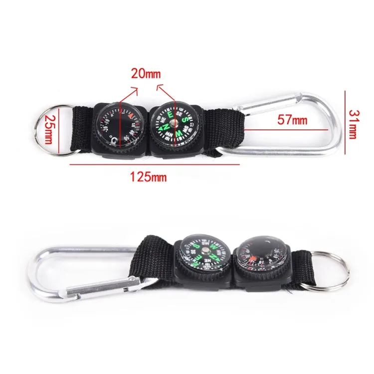 3 in 1 Camping Climbing Hiking Mini Carabiner with Keychain Compass Thermometer Hanger Key Ring Black