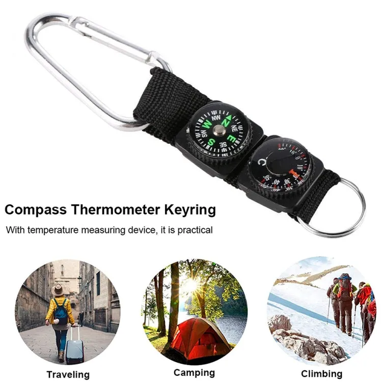 3 in 1 Camping Climbing Hiking Mini Carabiner with Keychain Compass Thermometer Hanger Key Ring Black