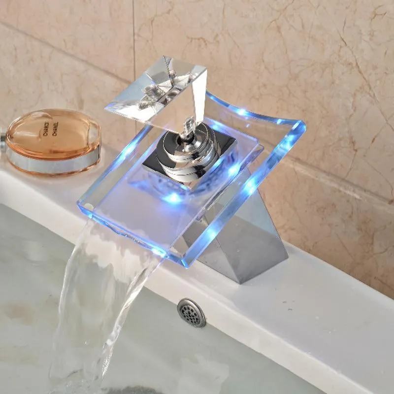 Brass Chrome Luxury Glass Waterfall Basin Faucet with LED Light