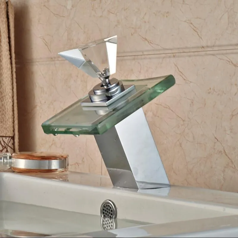 Brass Chrome Luxury Glass Waterfall Basin Faucet with LED Light