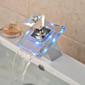 Brass Chrome Luxury Glass Waterfall Basin Faucet with LED Light