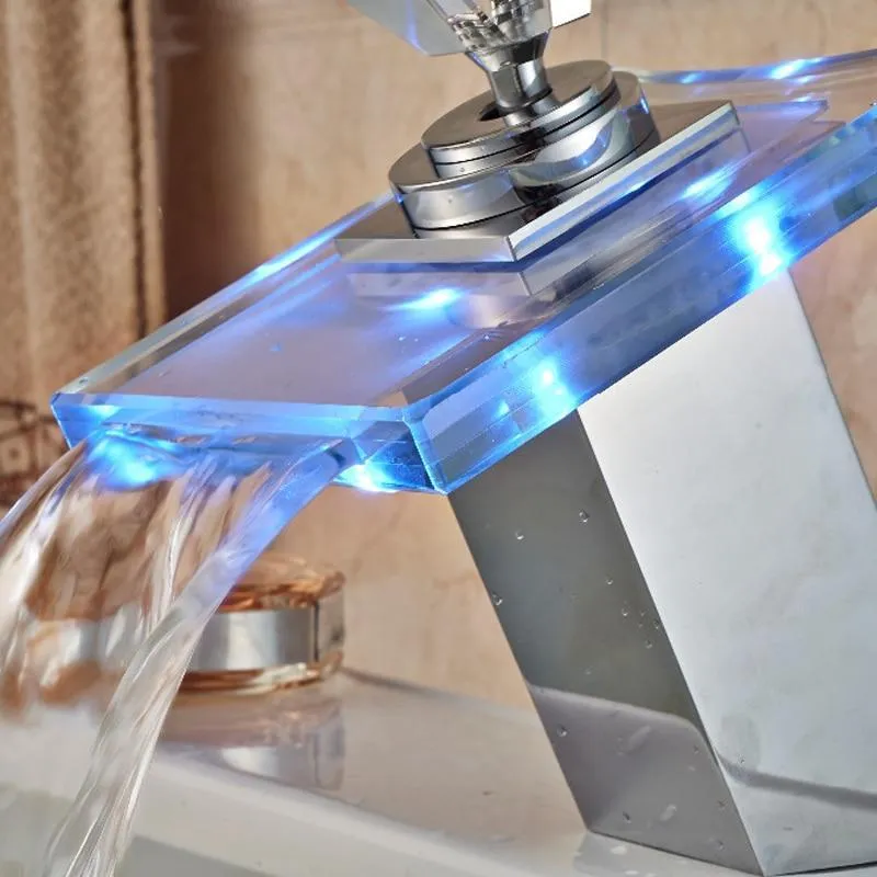 Brass Chrome Luxury Glass Waterfall Basin Faucet with LED Light