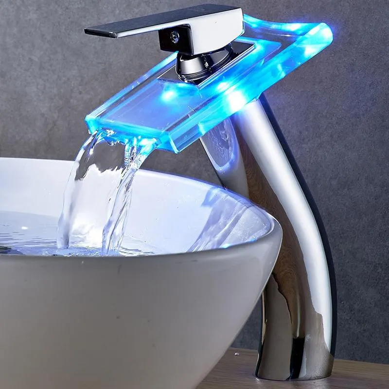 Chrome Smart Color Changing LED Waterfall Tap Basin Faucet