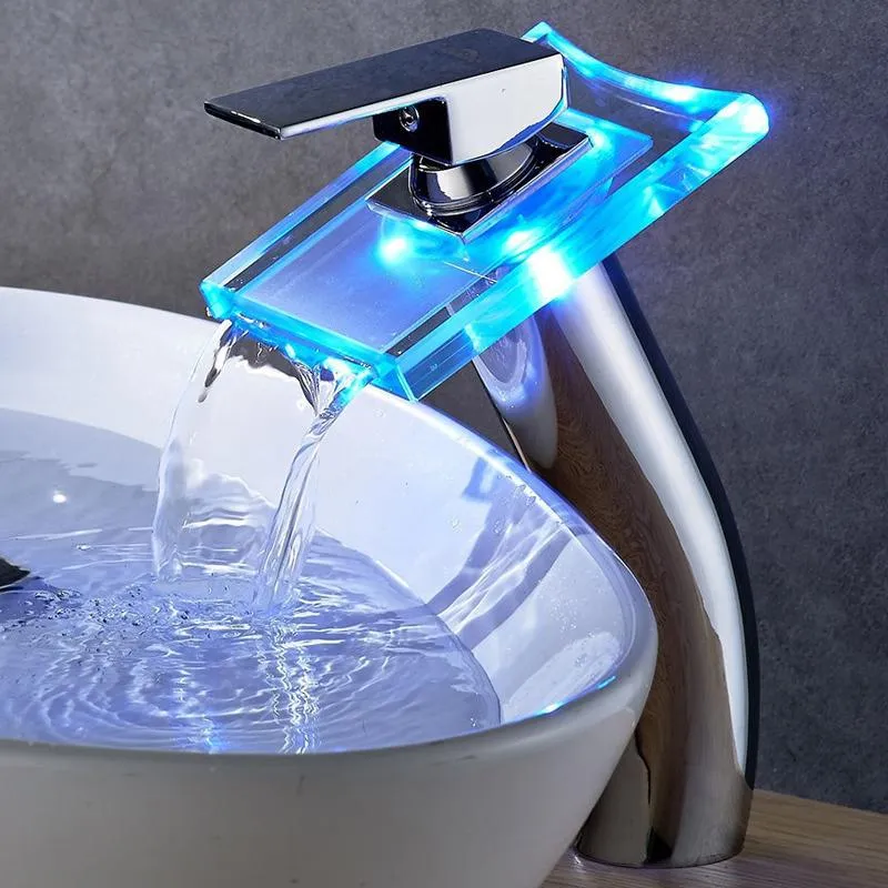 Chrome Smart Color Changing LED Waterfall Tap Basin Faucet