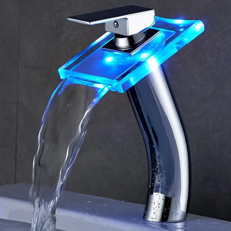 Chrome Smart Color Changing LED Waterfall Tap Basin Faucet