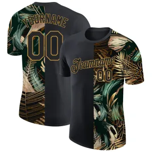 Custom Black Old Gold 3D Pattern Design Golden And Green Tropical Leaves In The Style Of Jungle And Hawaii Performance T-Shirt