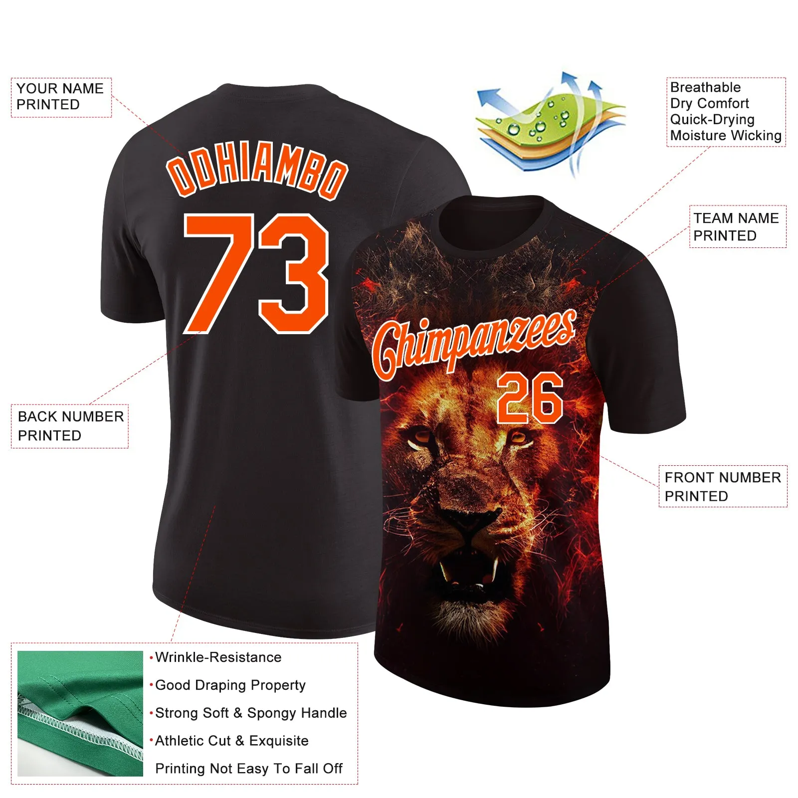 Custom Black Orange-White 3D Pattern Design Animal Lion Performance T-Shirt