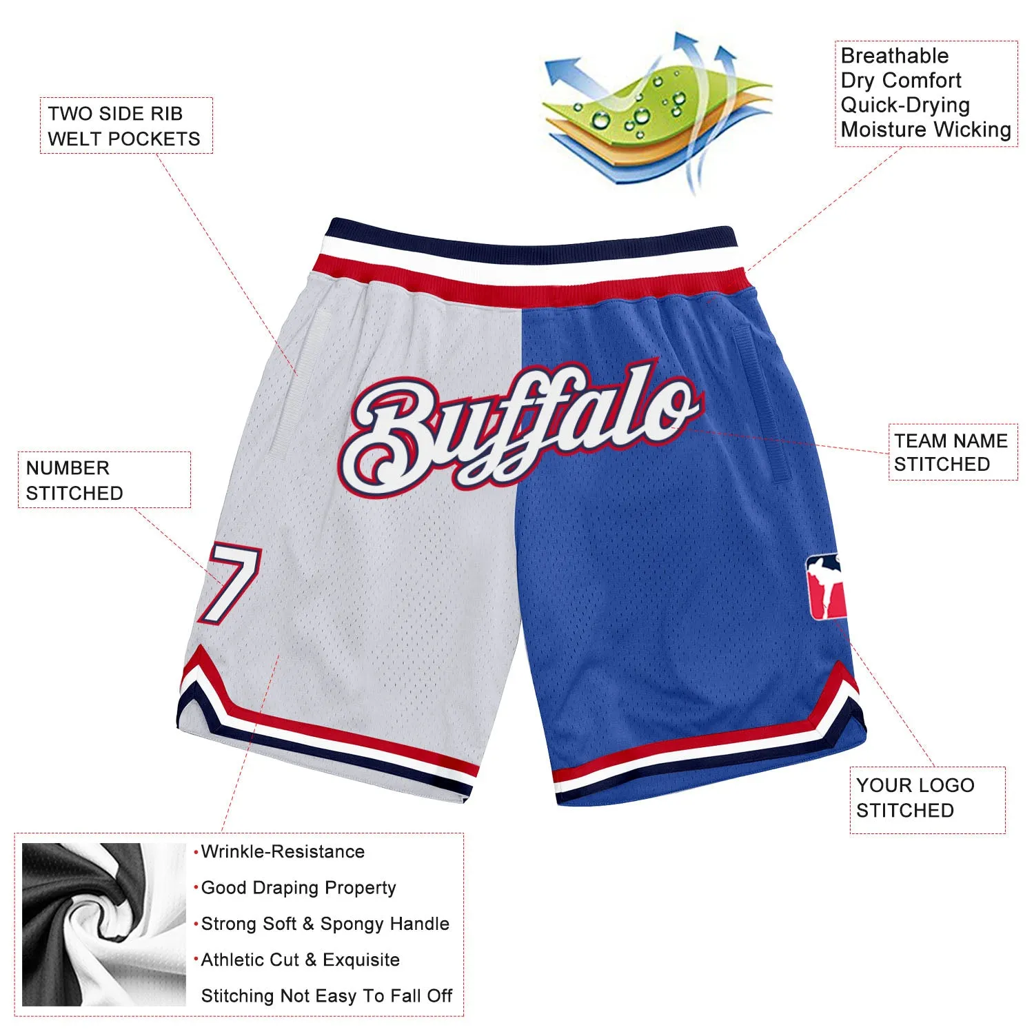 Custom Blue White-Red Authentic Throwback Split Fashion Basketball Shorts