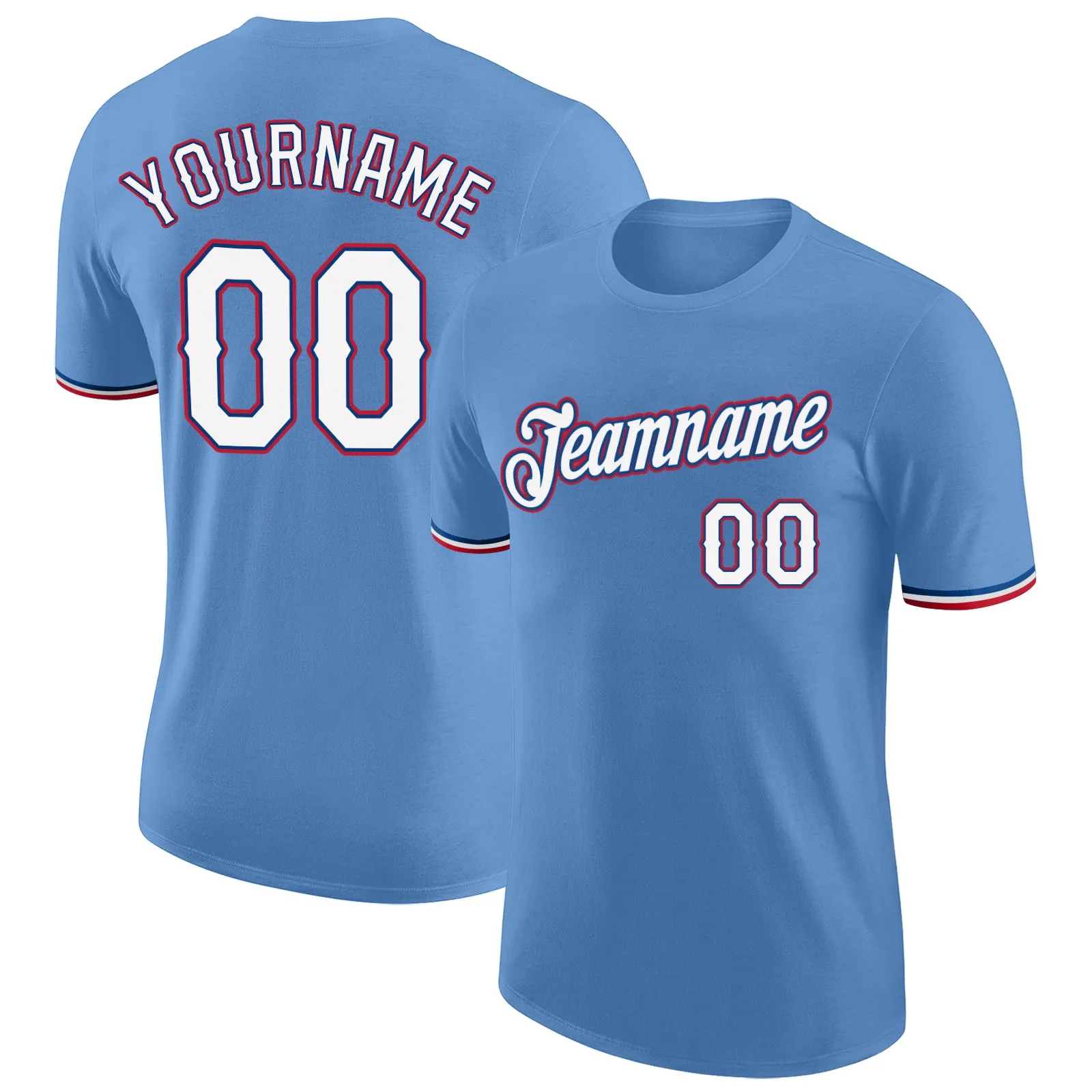 Custom Light Blue White-Red Performance T-Shirt