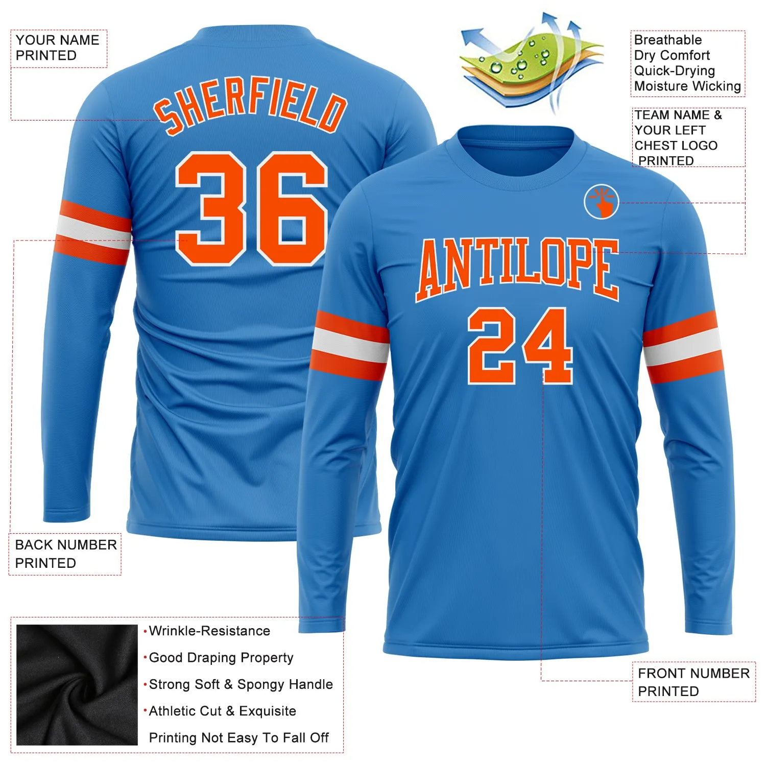 Custom Powder Blue Orange-White Long Sleeve Performance T-Shirt