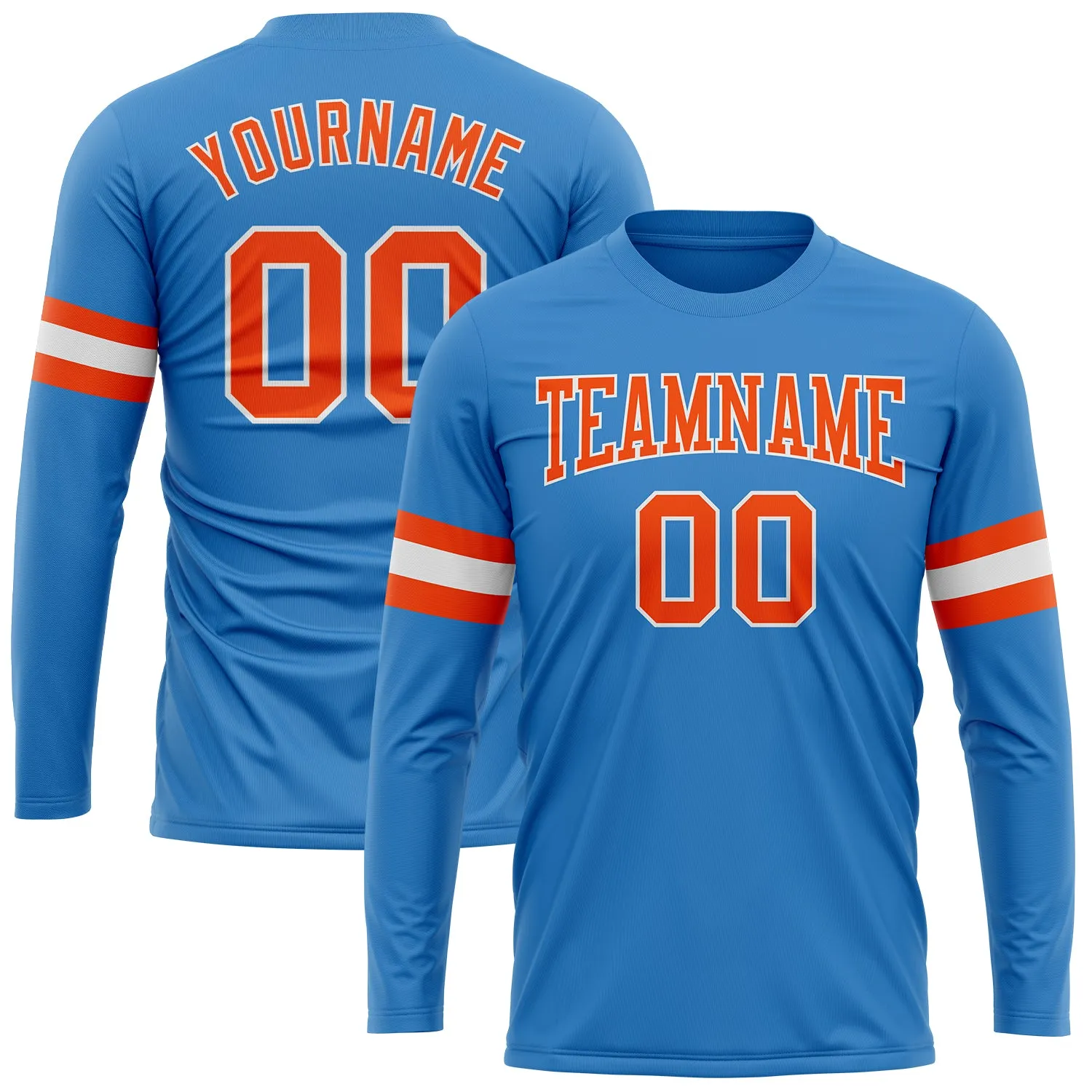 Custom Powder Blue Orange-White Long Sleeve Performance T-Shirt