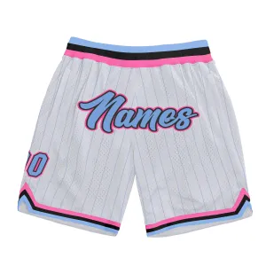 Custom White Light Blue Pinstripe Light Blue-Pink Authentic Basketball Shorts