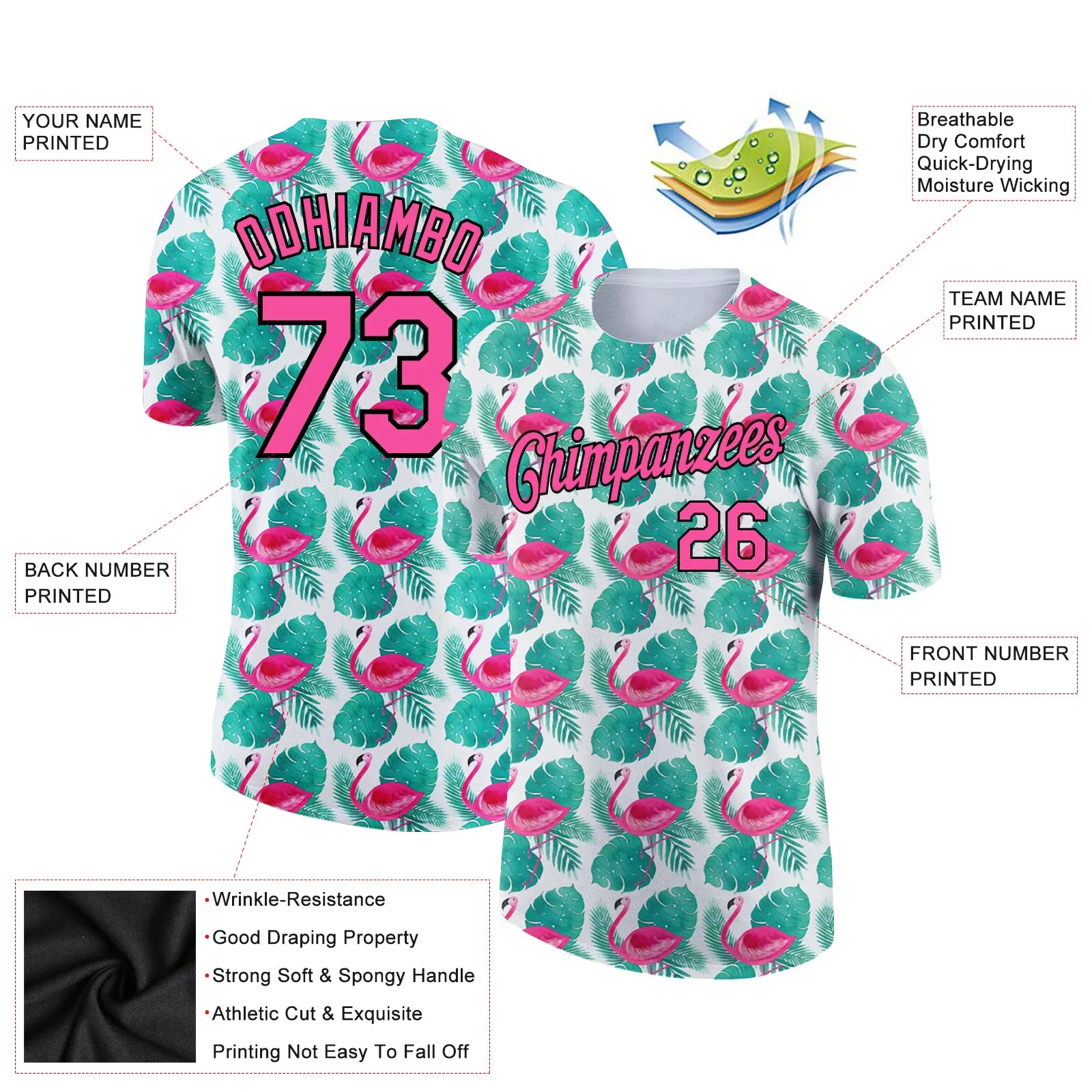 Custom White Pink-Black 3D Pattern Design Tropical Hawaii Flamingo Performance T-Shirt