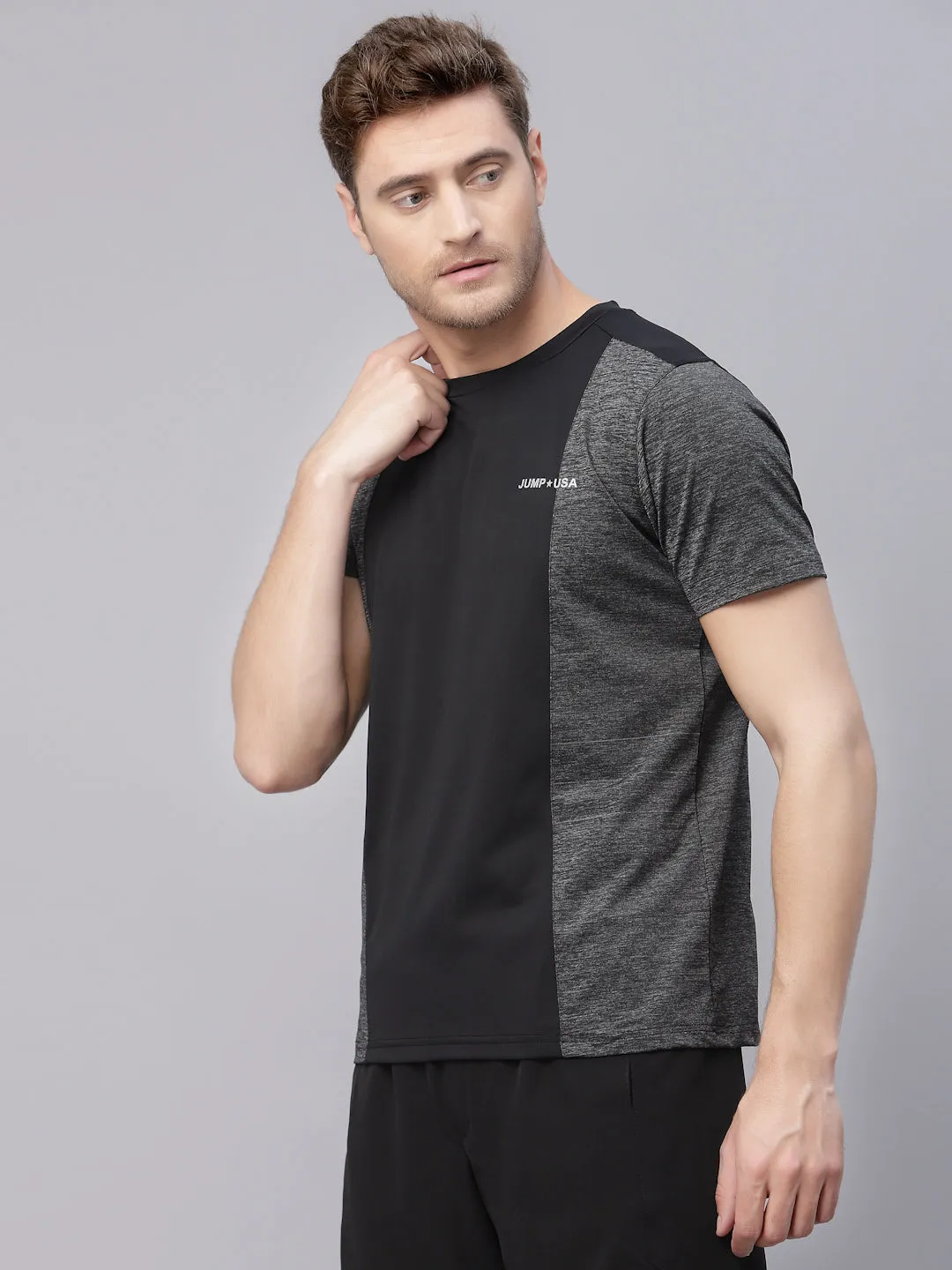 JUMP USA Men's Grey Black Solid Yoga Seamless Round Neck T-Shirt