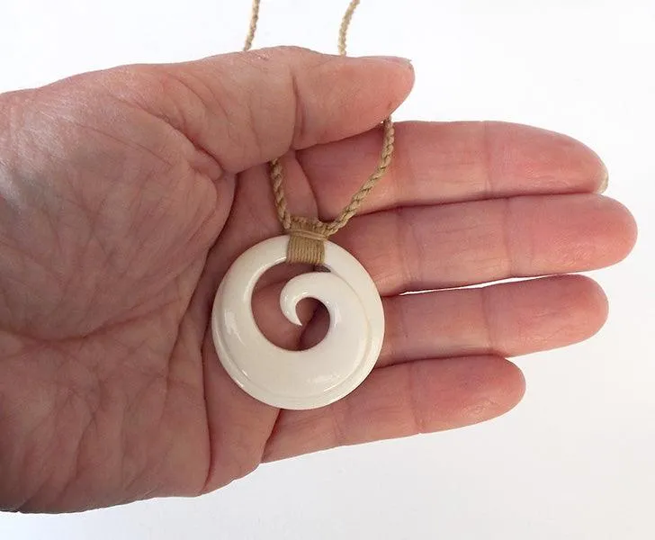 Maori Bone Single Koru Necklace with String Cord