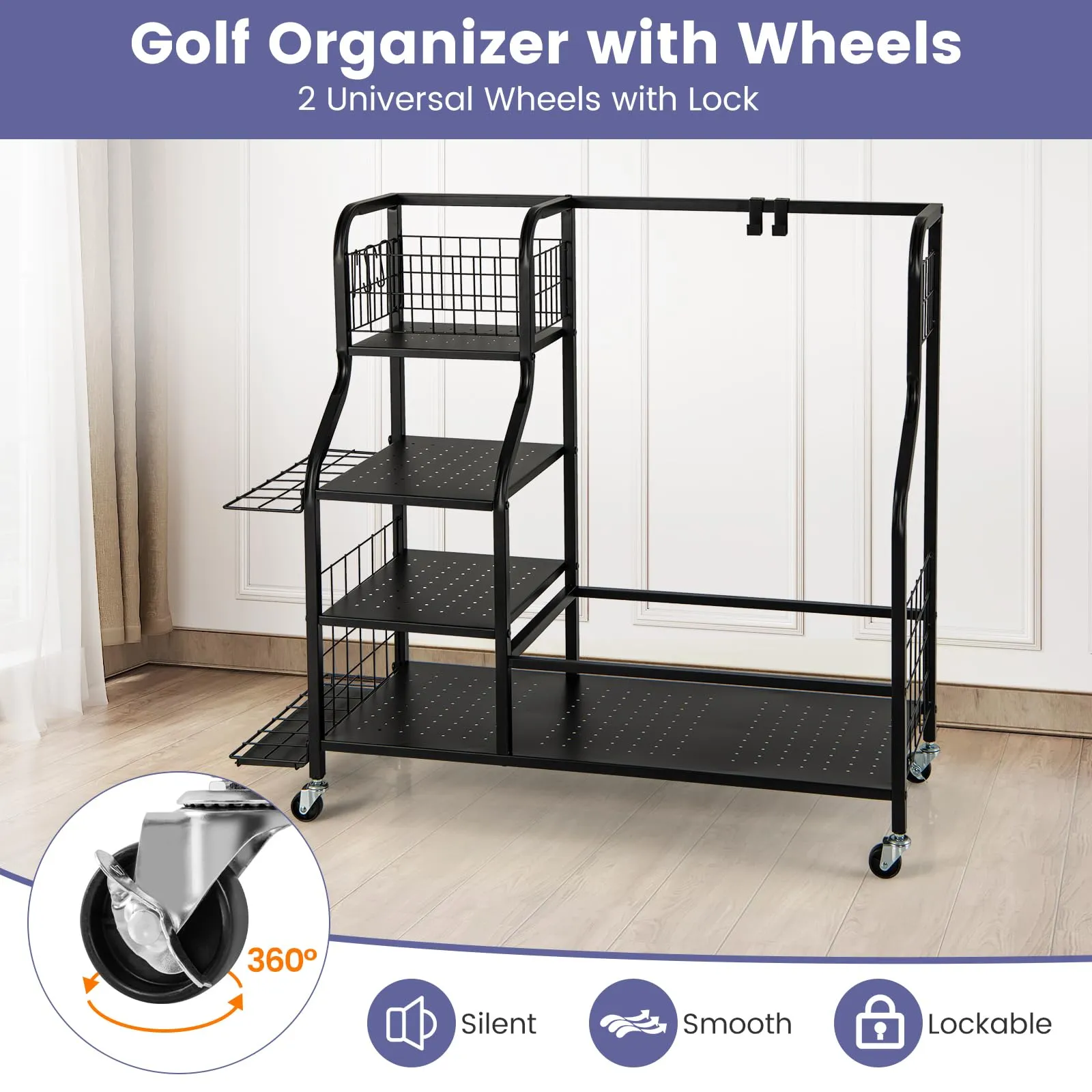 Tangkula Golf Bag Storage Rack for Garage, Golf Bags Stand with 3-Tire Storage Rack, Top Golf Basket